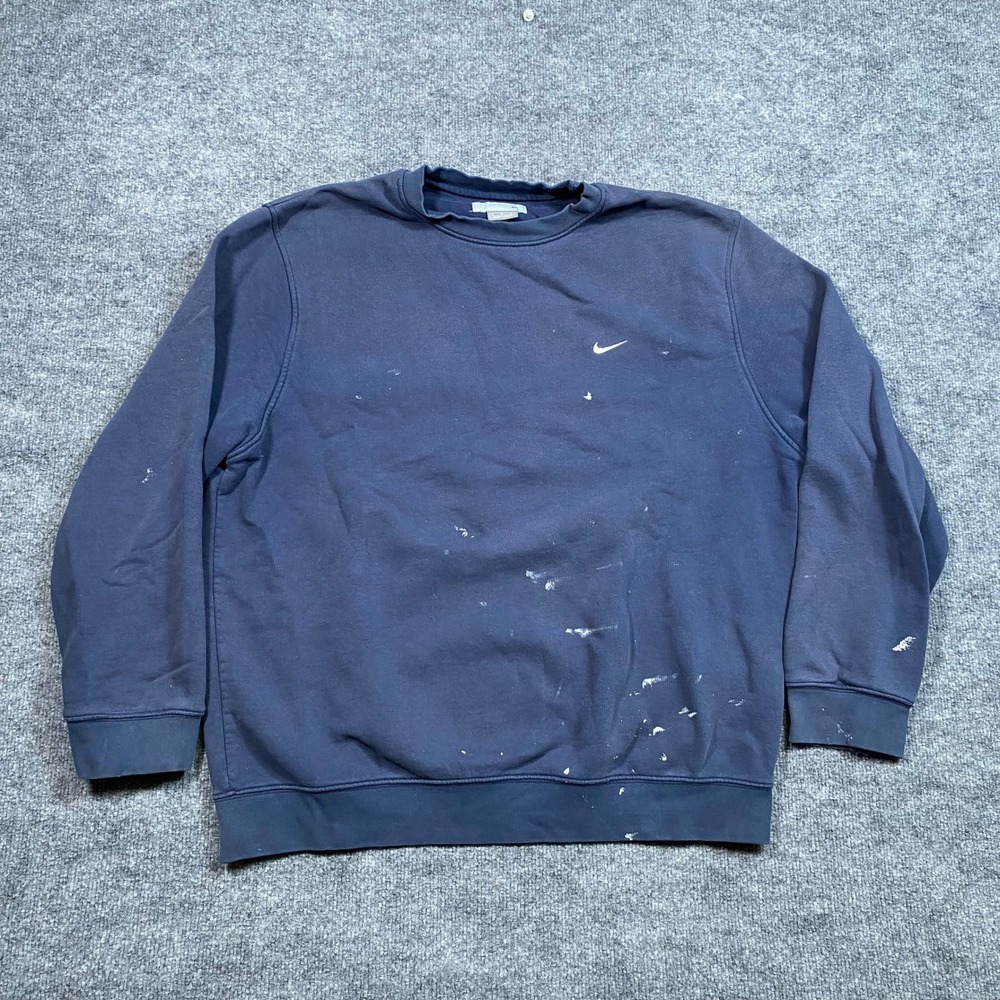 Vintage Nike Paint Splatter Crewneck Sweatshirt Navy Blue Distressed Mens Large